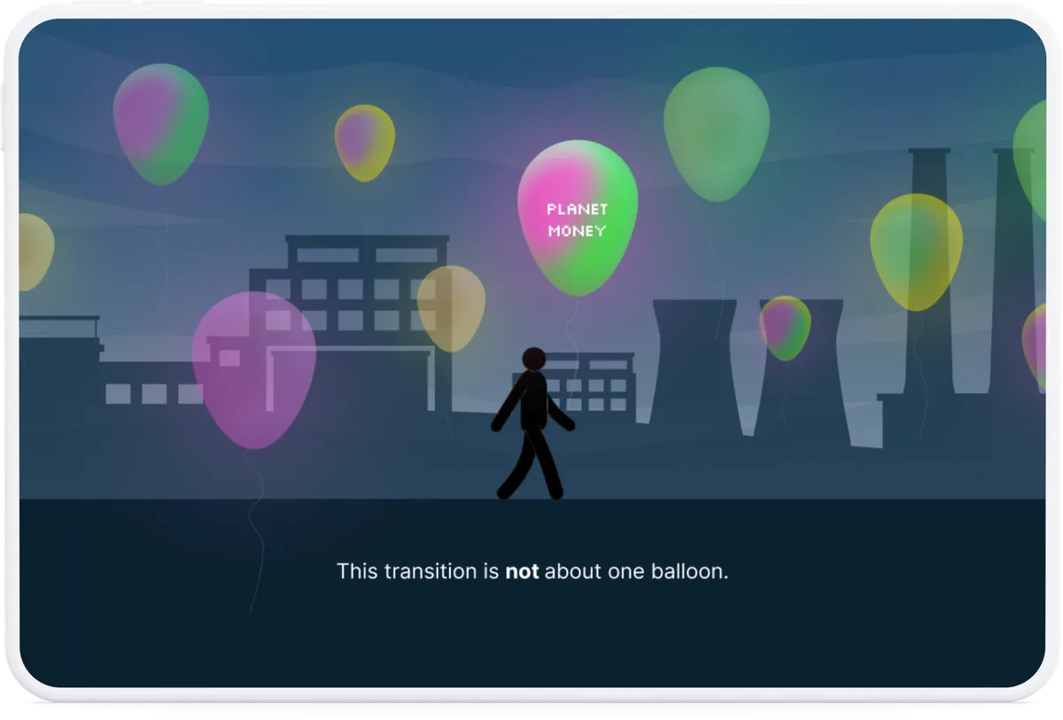 A figure walking under a sky full of glowing balloons: “This transition is not about one balloon.”