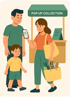 A family dropping off scraps at a pop-up collection stall