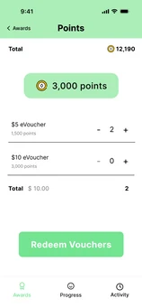 Points page, 3,000 points ready to redeem